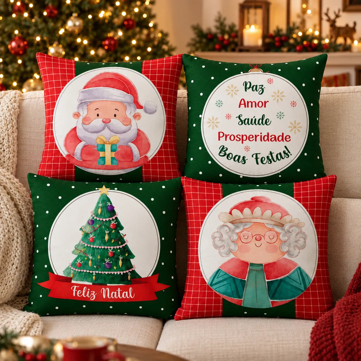 Kit Noelina Festiva com quatro capas de almofada estampadas: Papai Noel, Boas Festas, árvore de Natal e Mamãe Noel no sofá