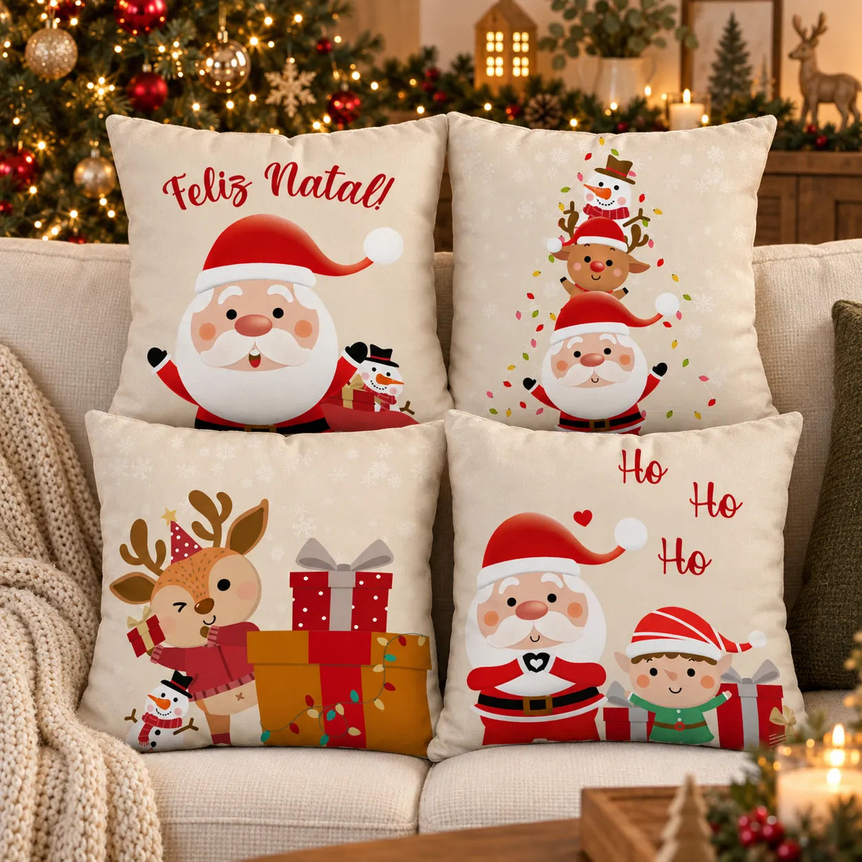 Kit com quatro capas de almofada Noelina Papai Noel em composição natalina