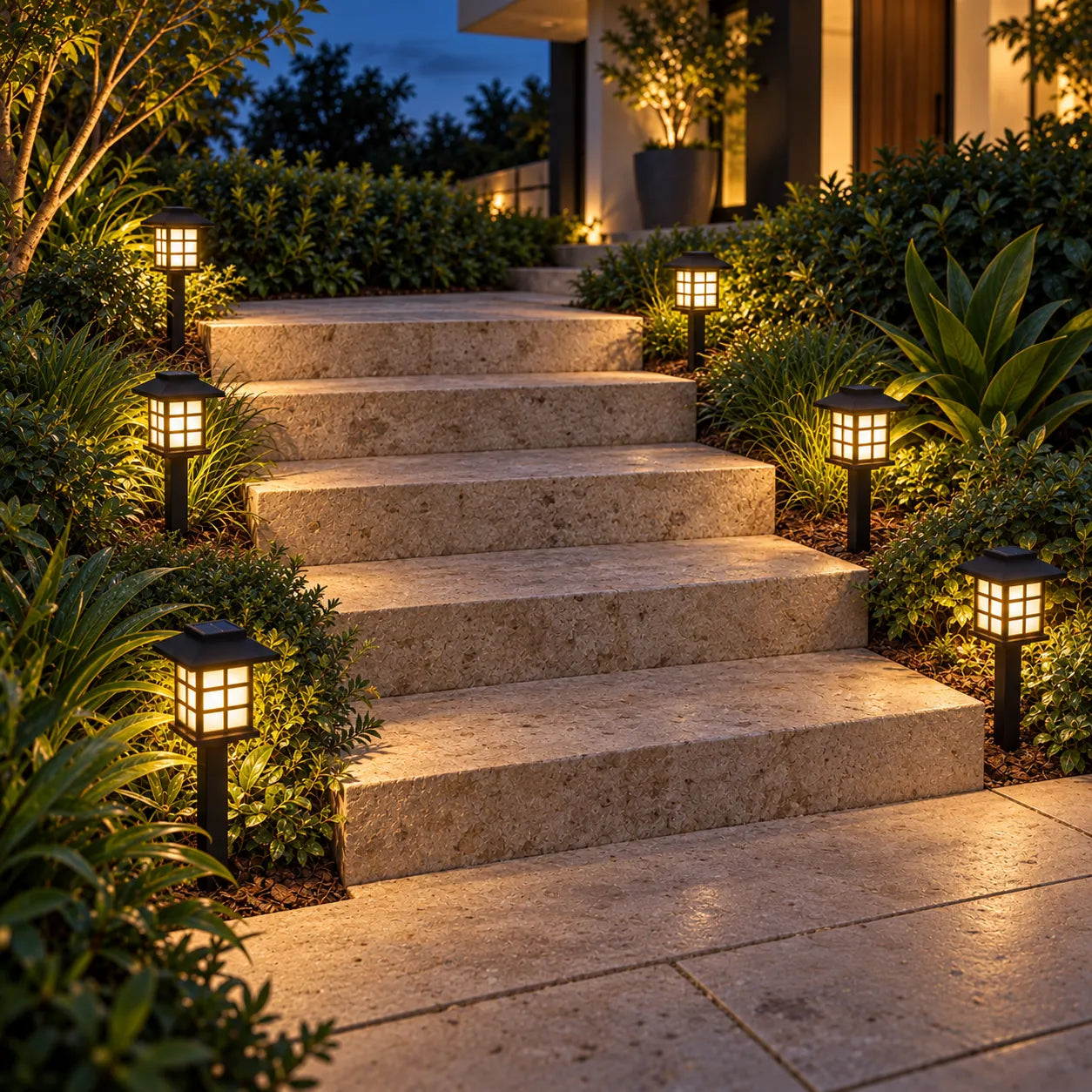 Seis luminárias solares Kaori com luz quente ao redor de uma escada de jardim
