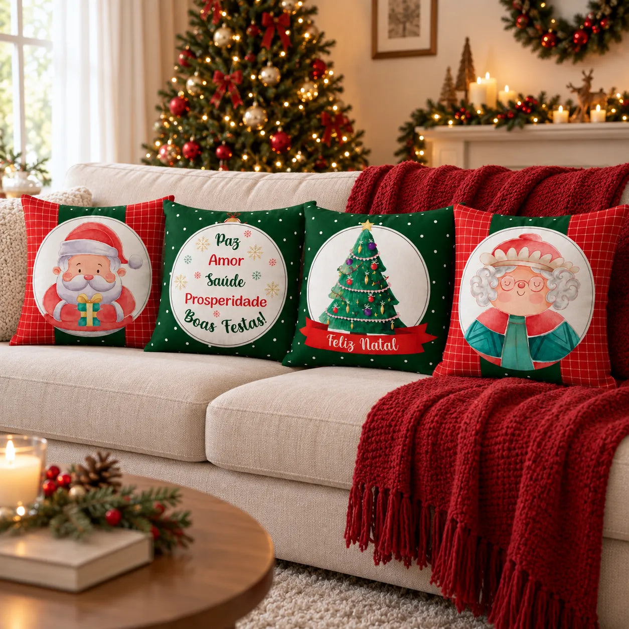 Quatro capas de almofada Noelina Festiva em sofá decorado para o Natal