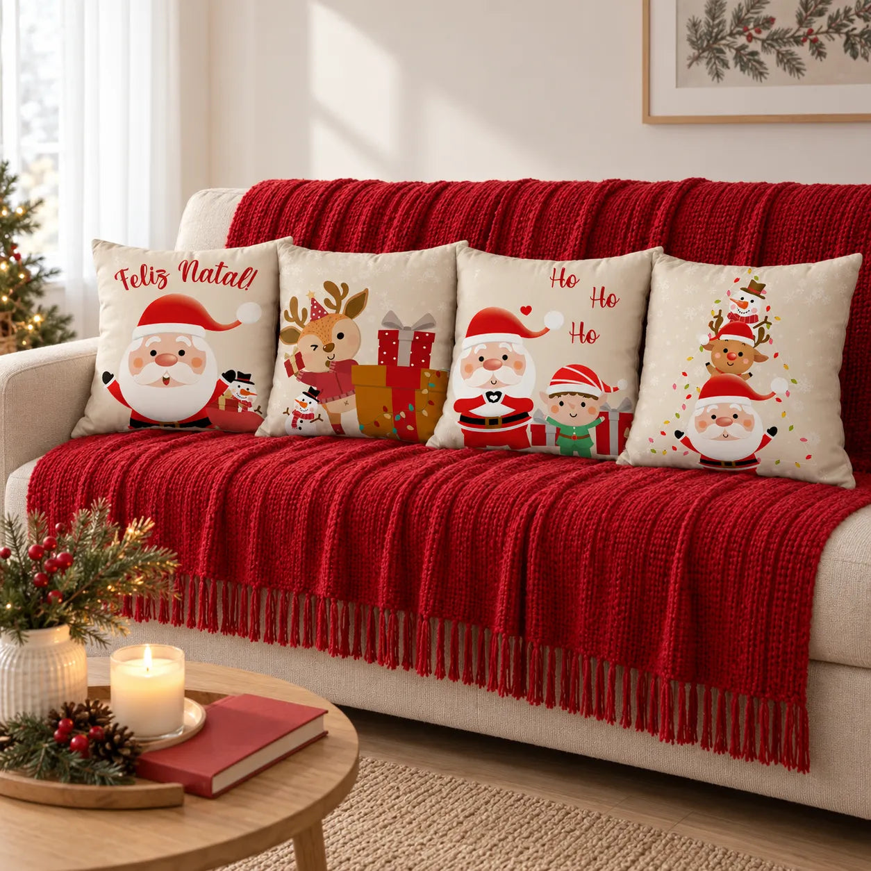 Quatro capas de almofada Noelina Papai Noel em sofá decorado para o Natal