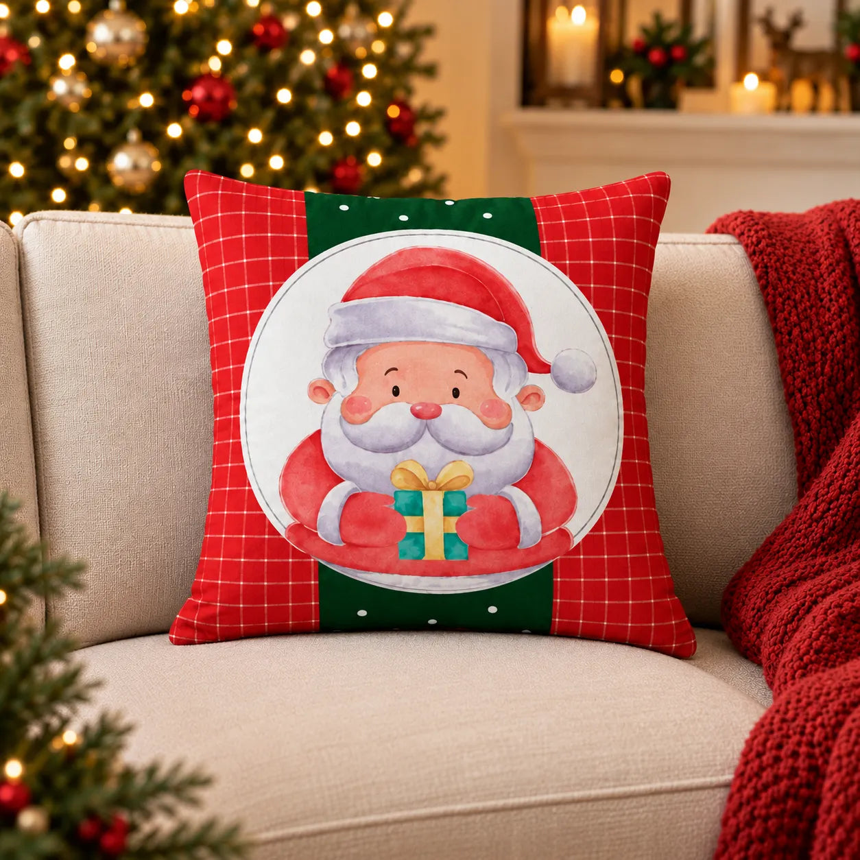 Capa Papai Noel Festivo em sofá com árvore de Natal ao fundo