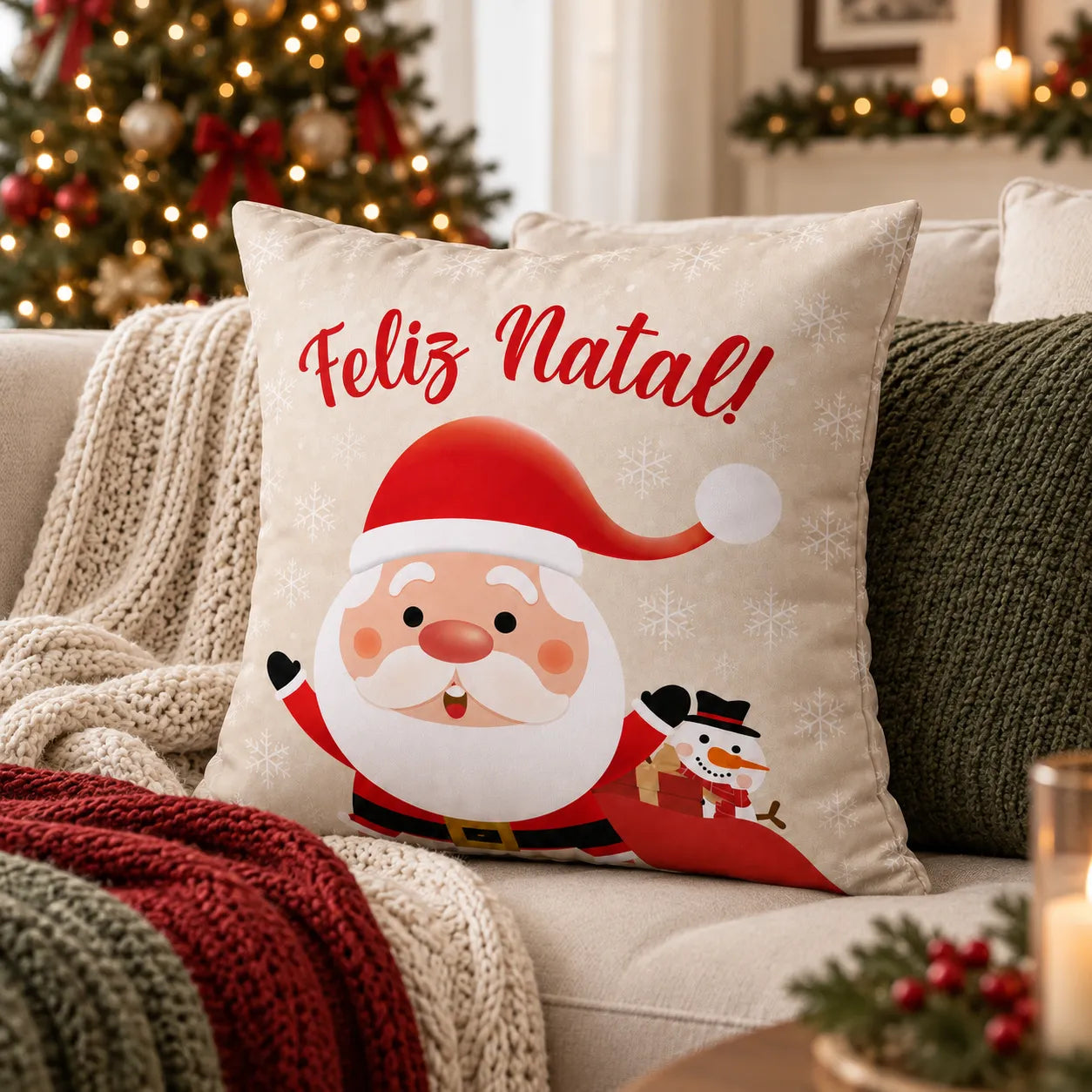 Capa de almofada Feliz Natal com Papai Noel em ambiente decorado