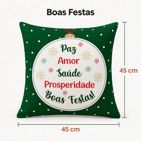 Capa Noelina Festiva verde 45 × 45 cm com as palavras Paz, Amor, Saúde, Prosperidade e Boas Festas