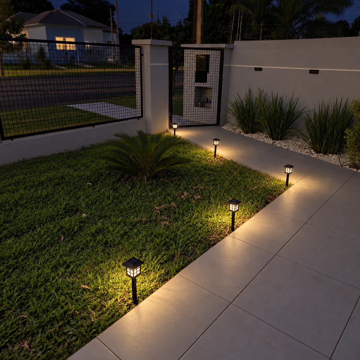Luminárias solares Kaori iluminando a borda do jardim à noite