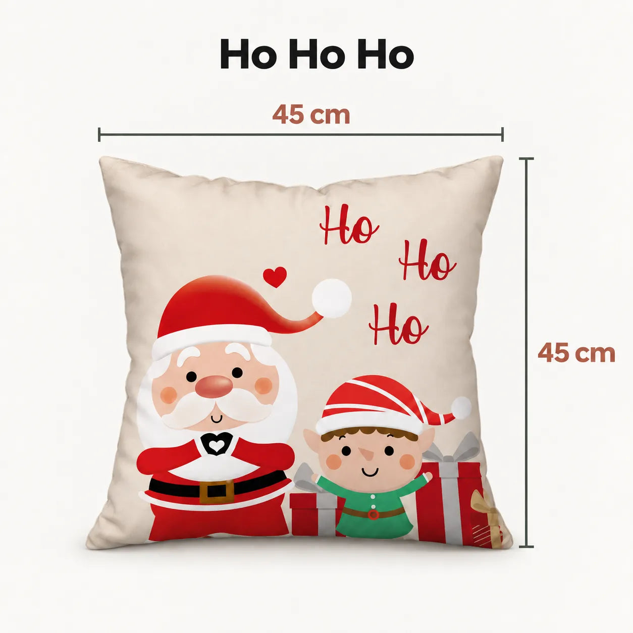 Capa Ho Ho Ho com Papai Noel e ajudante, medida 45 × 45 cm