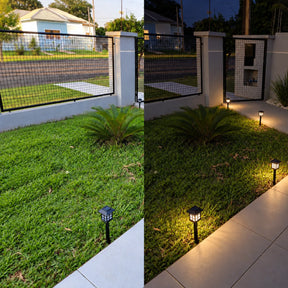 Comparação do jardim com as luminárias Kaori durante o dia e acesas à noite