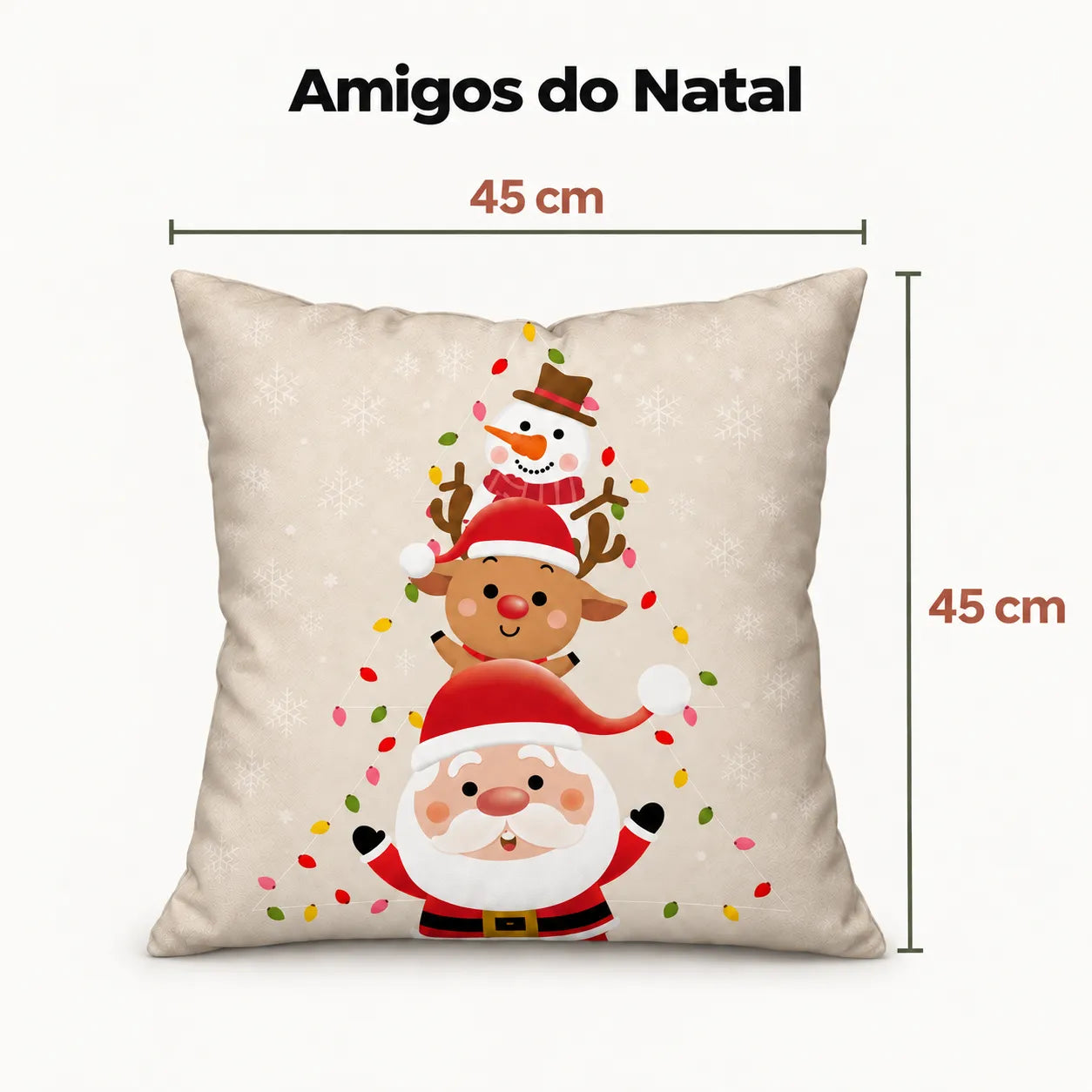 Capa com personagens em árvore de Natal, medida 45 × 45 cm