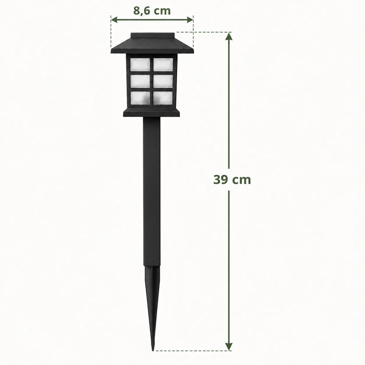 Diagrama da luminária solar Kaori em espeto, com 39 cm de altura e largura do topo indicada por seta