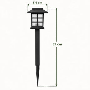 Diagrama da luminária solar Kaori em espeto, com 39 cm de altura e largura do topo indicada por seta