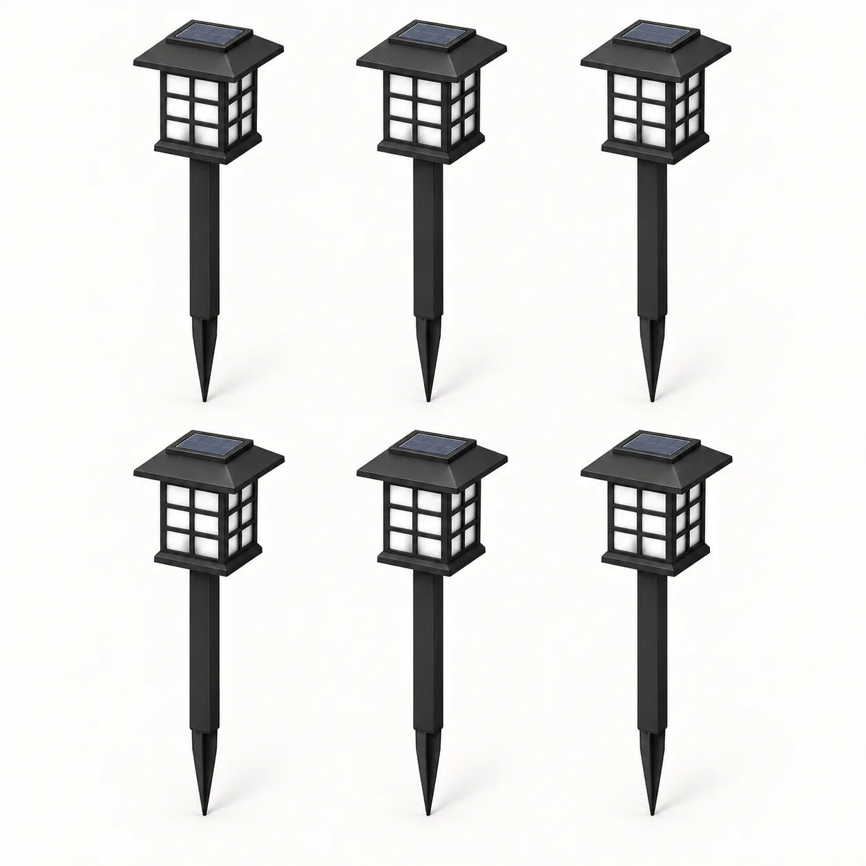 Kit com seis luminárias solares Kaori em fundo branco