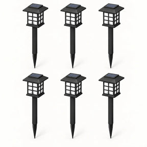 Kit com seis luminárias solares Kaori em fundo branco
