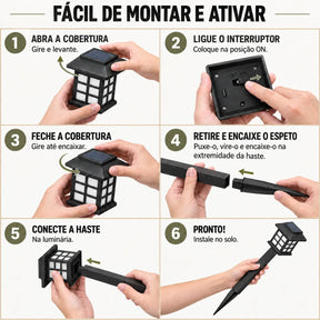 Montagem da Kaori: abrir a cobertura, ligar o interruptor, fechar, encaixar espeto e haste e instalar no solo