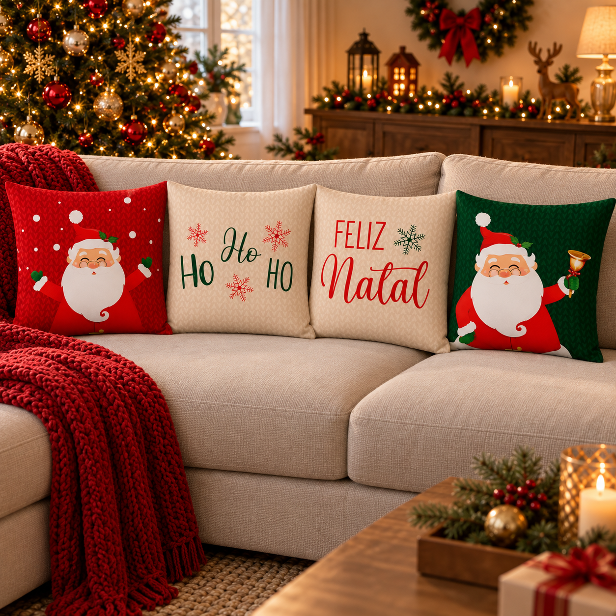 Quatro capas de almofada natalinas Noelina Celebração alinhadas em sofá bege, com árvore de Natal ao fundo.