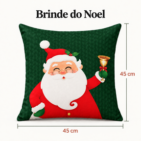 Capa Noelina Celebração verde com Papai Noel; arte “Brinde do Noel” com medidas de 45 × 45 cm.