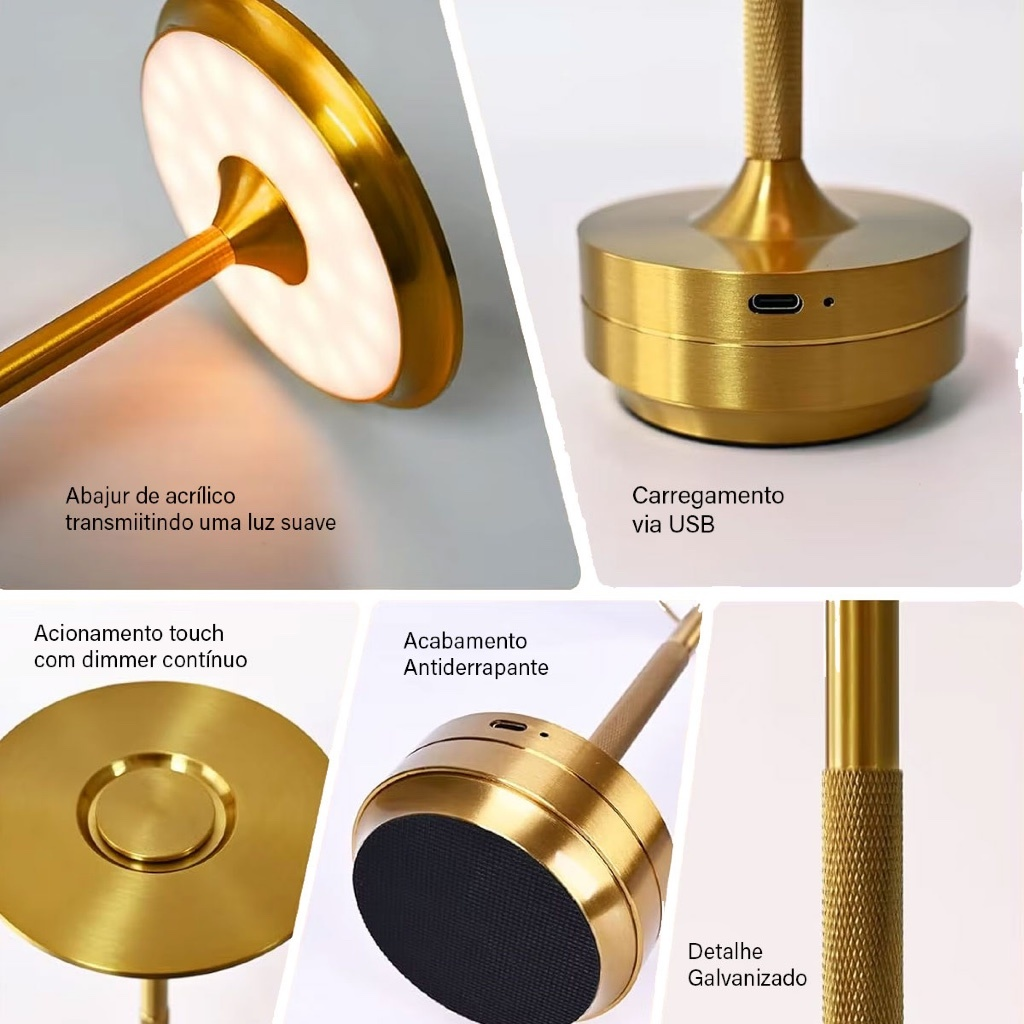 Luminária Abajur de Mesa Candeiro Dumbbell Touch de Quarto Luxuosa 3 Tons de Led