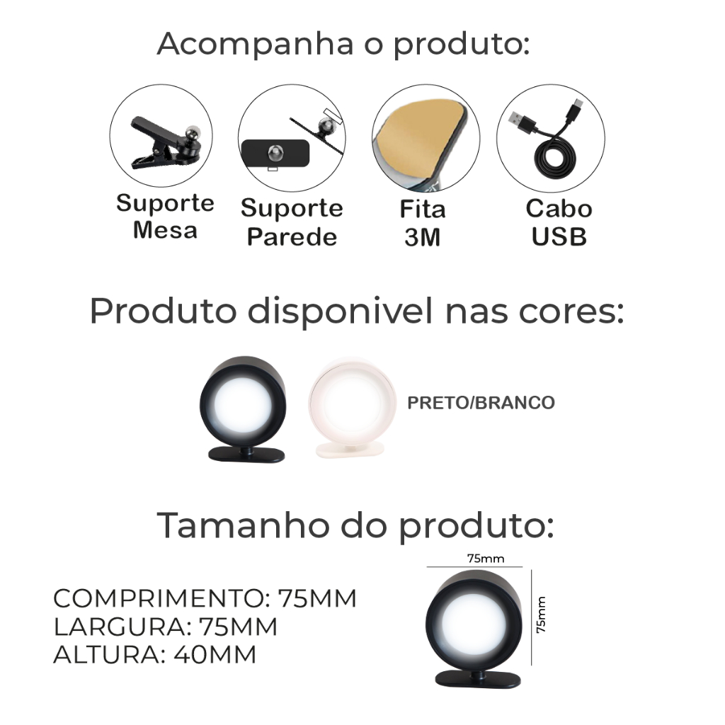 Kit 4 Luminária Spot Led 8W Arandela Cabeceira Luz de Parede 3 Tons de Luz Recarregável USB