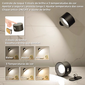 Kit 4 Luminária Spot Led 8W Arandela Cabeceira Luz de Parede 3 Tons de Luz Recarregável USB